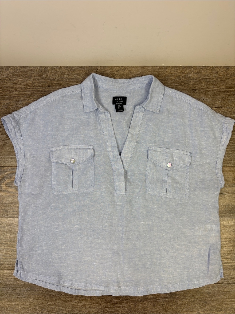 Nicole Miller New York Blue 100% Linen Short Sleeve Utility Top Size L